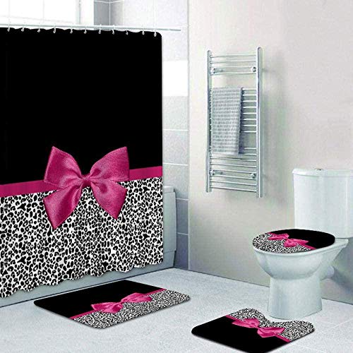 NHSY 4-teiliges Duschvorhang-Set mit pinkem Band, Leopardenmuster, Duschvorhang und Badvorleger, Set mit 4 Stück von NHSY