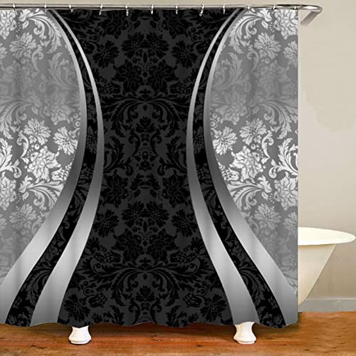 NHSY Schwarz Weiß Streifen Blumen Duschvorhang Luxus Schwarz Silber Grau Muster Set Eleganter Personalisierter Badvorhang Für Badezimmer Badewanne Wohnkultur,7,150x180cm von NHSY