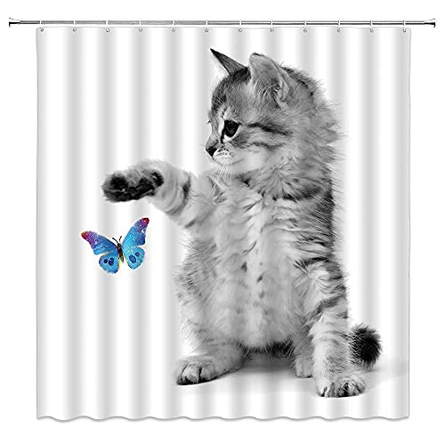Niedlicher und lustiger Duschvorhang, Motiv: Katze mit Schmetterling, 177,8 x 177,8 cm, Polyestergewebe, Badzubehör, Vorhänge von NHSY