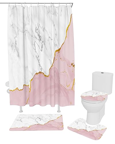 Weißer Marmor Rosa Duschvorhang Set rutschfeste Teppiche Badematte Toilettendeckel Abdeckung Wasserdicht Polyester Badezimmer Vorhang, 3-teiliges Matten-Set von NHSY