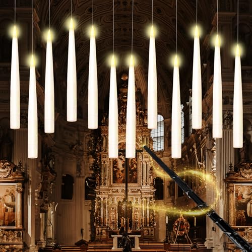 12 Stück Schwebende Kerzen mit Zauberstab Fernbedienung, Floating Candles mit 6H Timerfunktion, Fliegende Kerzen, Flammenlose, LED Kerzen Flackernde Flamme für Halloween,Weihnachten,Party Deko von NHYDZSZ