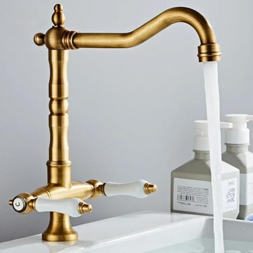 BIANBHUO Brass Faucet Kitchen Cold and Hot Water Deck Mounted Basin Retro Faucet Dual Handle Single Hole Rotatable Water Tap Kitchen von NHYHEHMR