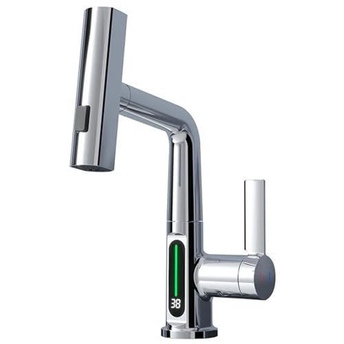 Badezimmerarmaturen mit Temperaturanzeige, 3 Funktionsbeckenhahn, 360 ° Schwenkiaufwasserfall-Wasserhahn Down Sprühgerät, eingriffsspüle Wasserhähne, Gungrau (schwarz) von NHYHEHMR