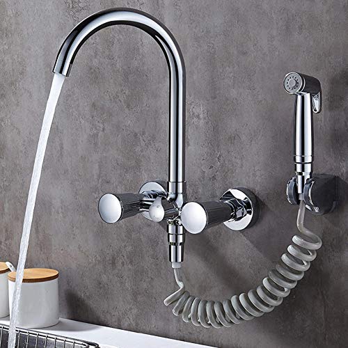 Küche Wasserhahnwand montiert Wasserhahn Küche mit Sprühpistole Chrom Messing heiß und kaltes Wasser Rotation Doppelloch Wasserhahn Küche-B von NHYHEHMR