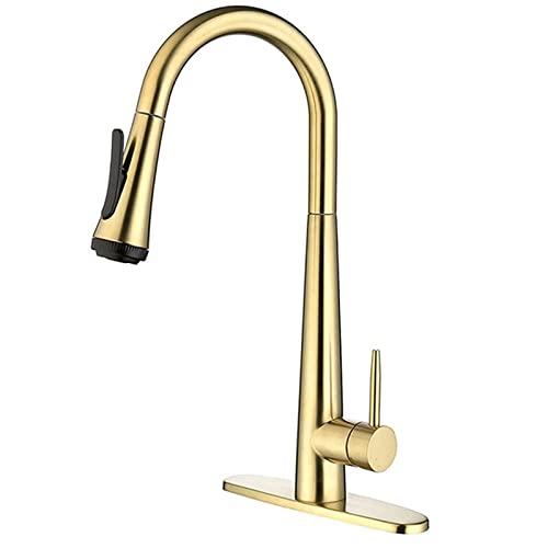 Küchenspüle Wasserhähne 304 Edelstahlauszugshahn mit vier Funktionen Sprühgerät 360 ° Dreheleskopie-Mischhahn-Fassendeckplatte, Einzelgriff, gebürstetes Gold (gebürstetes Silber) von NHYHEHMR