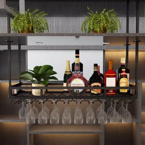 NHYHEHMR Hängende Weinregale mit Glashalter, Metalldecke Weinglas Rack Weinflaschenhalter aus Display Weinlagerhalter mit Stielglasregal, für Bar Küche von NHYHEHMR