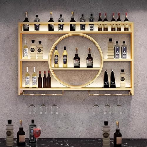 NHYHEHMR Metall Weinregal Wand montiert modern, Spirituosenregal mit LED -Licht, Bar schwimmende Wandregale, Eisenweinlager -Rackhalter, Wandweinregal mit Weinglashalter für Küche, Li von NHYHEHMR