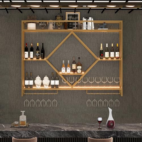NHYHEHMR Metallweinregal Wandmontage, Barregal, Spirituosenregal, Bar schwimmende Wandregale, Eisenwein -Lagerausstellungsständer, Moderne Wandweinregal mit Weinglashalter für Kitchen Home Bar Deco von NHYHEHMR