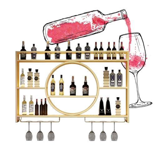NHYHEHMR Moderner Weinregalwand mit 3 -Tier -Bar -Weinregal, Multi -funktionaler Eisenflaschenhalter, Weinglasregal, perfekt für die Küche Esszimmerbar (Farbe: Gold, Größe: 1 von NHYHEHMR