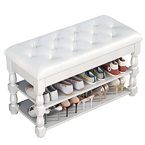 NHYHEHMR Vintage Entryway Shoe Bench with Leather Cushion 3 Tier Storage Rack Wooden Hallway White Accent Furniture 100x35x46cm (39x14x18in) von NHYHEHMR