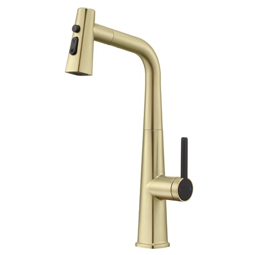 Pull Down Kitchen Faucet 360° Swivel Sink with 3 Function Out Sprayer Brass Mixer Tap Single Handle Hole Deck Mounted,Brushed Gold (Chrome) von NHYHEHMR
