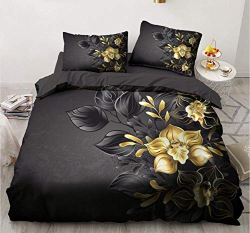 NIASGQW Bettwäsche Gold Blumen Bettbezug Set 3D Drucken Schwarzgoldene Pflanzenblumen Bettbezug 155x200cm, Weiche Flauschige Bettbezüge mit Reißverschluss und 2 mal Kissenbezug 80x80 cm von NIASGQW