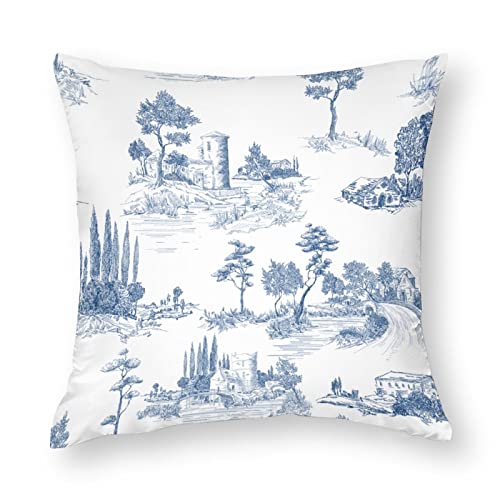 1 x Kissenbezüge, Motiv: Toile de Jouy, Landhausansicht, dekorative Kissenbezüge, 45,7 x 45,7 cm, weicher Polyester, quadratisch, Kissenbezüge für Wohnzimmer, Sofa, Couch, Bett, Kissenbezüge von NIBABA