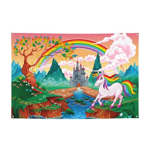 Dekoratives Banner für Haus, Garten, Hof, Kindliches Gemälde, Einhorn, Regenbogen-Schloss, Urlaub, Willkommens-Rasen, hängende Dekoration, Partyflagge, Hintergrund, 120 x 180 cm von NIBABA