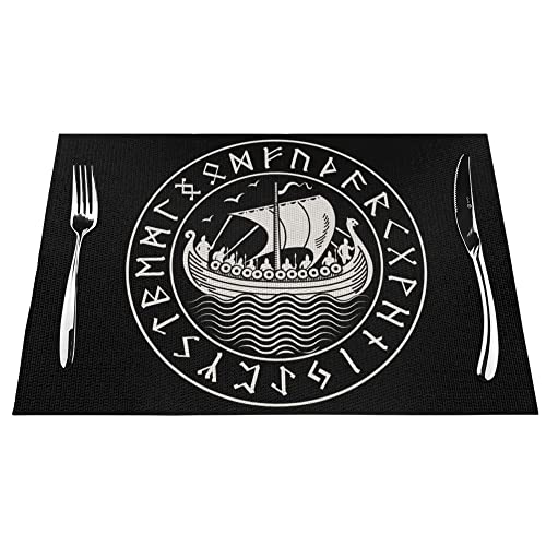 Gewebte Tischsets Wikinger Drakkar Antike skandinavische Runen PVC-Platzsets für Esstisch und Küche, Wärmeisolierung, rutschfest, 30x45cm, 6 Stück von NIBABA