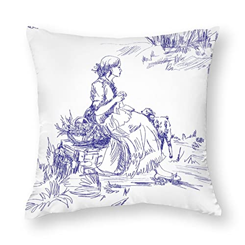 Kissenbezüge, 1 Stück, Motiv: Frau mit Hunden Toile Jouy, dekorative Kissenbezüge, 81,3 x 81,3 cm, weiches Polyester, quadratisch, für Wohnzimmer, Sofa, Couch, Bett, Kissenbezüge von NIBABA