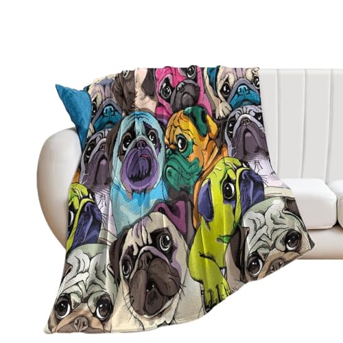NIBABAEU Decke, Bunte Pop-Art-Mops, süße Hunde, weich, flauschig, gemütlich, bequem, für Couch, Sofa, Bett, Stuhl, 150 x 200 cm von NIBABA