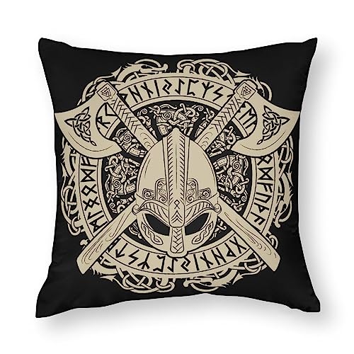 NIBABA Cushion Covers 1 PCs Viking Helmet Axes Wreath Scandinavian Decorative Pillow Covers 24"x24" (60X60 CM) Soft Polyester Square Pillow Cases Pillowcases von NIBABAEU