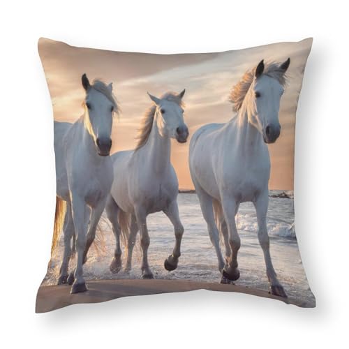 NIBABA Kissenbezüge, 1 Stück, Herde, weiße Pferde, die am Strand laufen, dekorative Kissenbezüge, 60 x 60 cm, weiches Polyester, quadratisch von NIBABA