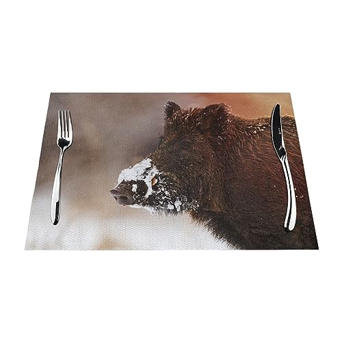 Platzsets 1–6 Sets, Wildschweinschwein, wandernd, Schnee, waschbare Tischsets für Küche, Esstisch, 30 x 45 cm, 4 Stück von NIBABA