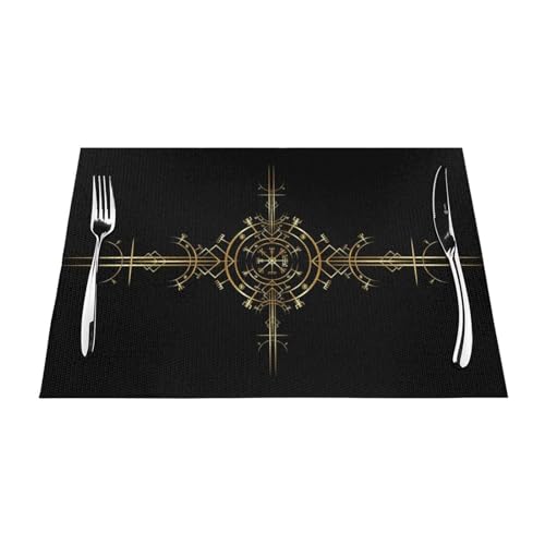 Tischsets 1–6 Sets, Magic Viking Vegvisir Golden Black, waschbare Tischsets für Küche Esstisch, geeignet für Küche, Wärmedämmung, Tischsets, 30 x 45 cm, 4 Stück von NIBABA