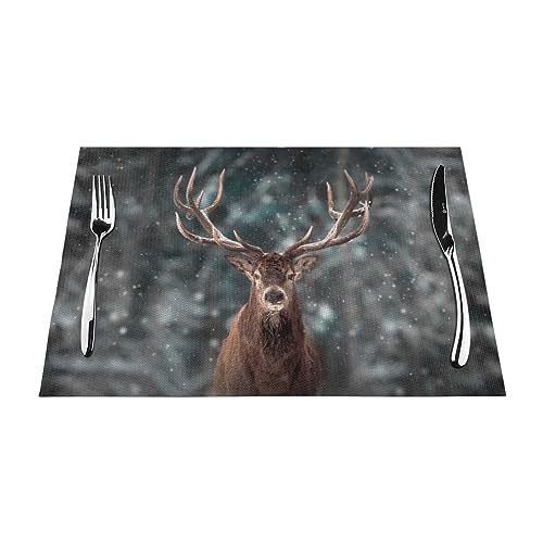 Tischsets 1–6 Sets, Wald Hirsch Winter Schnee, waschbare Tischsets für Küche Esstisch, 30 x 45 cm, 1 Stück von NIBABA