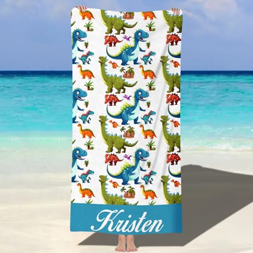 Dinosaurier Strandtuch Personalisiert Badetuch mit Name Mikrofaser schnell trocknendes Strandtuch für Kinder Superweich Stranddecke Pool Reisen Schwimmen, 60x120cm/76x152cm/90x180cm von NIBESSER