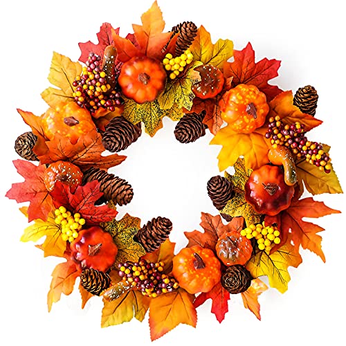 NIBESSER Halloween Kranz Kürbis Türkranz Tischkranz Karton Deko Herbst Deko Kranz Mit Leichtem Deko Ahornblatt Kranz Wandschmuck Blatt Dekoration für Thanksgiving Halloween Weihnachts 45cm(gelb-A) von NIBESSER