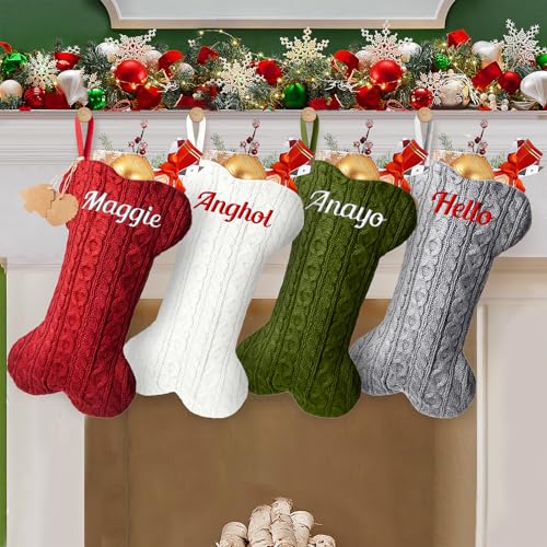 Weihnachtsstrumpf Hunde mit Namen Weihnachtsdeko Christmas Stockings Groß Gestrickt Nikolausstrumpf Geschenktasche für Haustier Personalisierte Xmas Socken Hundeknochen von NIBESSER