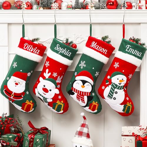 NIBESSER Weihnachtsstrumpf mit Namen Weihnachtsdeko Christmas Stockings Hängende Strümpfe Weihnachten Geschenktasche Personalisierte Xmas Socken Familie Kinder Junge Mädchen von NIBESSER