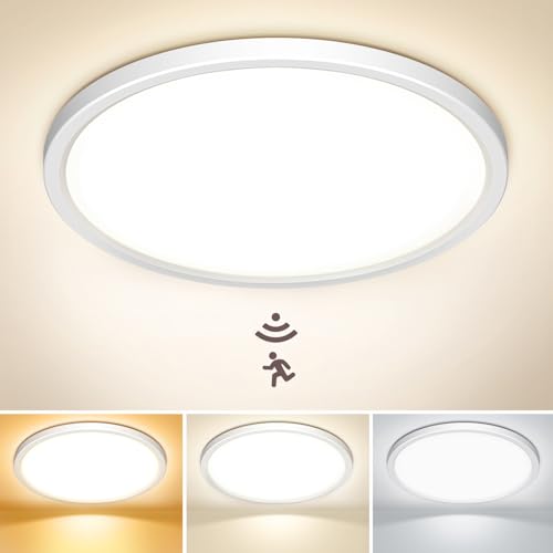 NIBSHOOM LED Deckenlampe mit Bewegungsmelder, 3000K/4000K/6500K 18W IP44 Wasserfest Deckenleuchte Innen, mit Radar Bewegungssensor und Dämmerungssensor Lampe für Flur Bad Treppe Balkon Garage, 22cm von NIBSHOOM