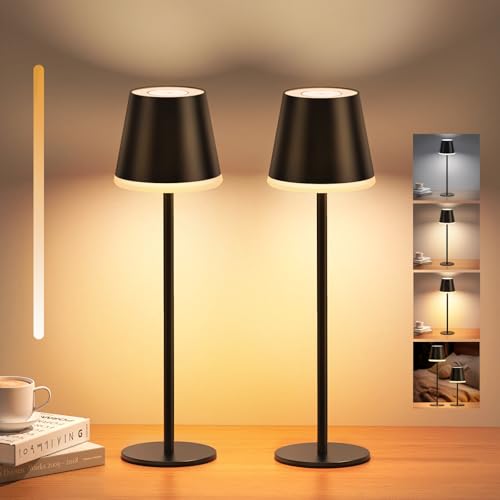 NIBSHOOM Tischlampe Kabellos Dimmbar,5200mAh Led Akku Tischleuchte Höhenverstellbare mit 3 Farbtemperatur & Speicherfunktion,IP54 Wasserdicht Tischlampe Schwarz für Restaurant,Bar-2 Stück von NIBSHOOM