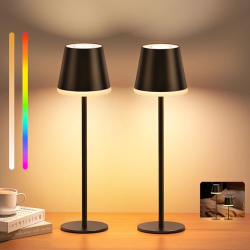 NIBSHOOM Tischlampe Kabellos Dimmbar,5200mAh Led Akku Tischleuchte Höhenverstellbare mit Warmweißes Licht & 256 RGB Farbwechsel,IP54 Wasserdicht Tischlampe Schwarz für Restaurant-2 Stück von NIBSHOOM