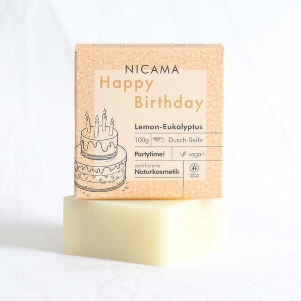NICAMA Happy Birthday Geburtstags-Seife - Lemon-Eukalyptus - plastikfrei, vegan, bio - Perfektes Geschenk von NICAMA