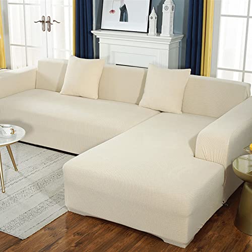 NICCEN 2 Stück Spandex rutschfest Sofabezug L Form Superstretch Couch überzug l Form Weichheit Sofa überzug l Form Ideal für Kinder und Haustiere -Cremeweiß-2-Sitzer + 2-Sitzer von NICCEN