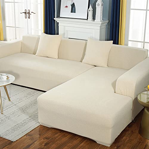NICCEN 2 Stück Spandex rutschfest Sofabezug L Form Superstretch Couch überzug l Form Weichheit Sofa überzug l Form Ideal für Kinder und Haustiere -Cremeweiß-2-Sitzer + 4-Sitzer von NICCEN