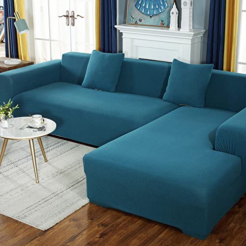 NICCEN 2 Stück Spandex rutschfest Sofabezug L Form Superstretch Couch überzug l Form Weichheit Sofa überzug l Form Ideal für Kinder und Haustiere -blau-1-2-Sitzer + 3-Sitzer von NICCEN