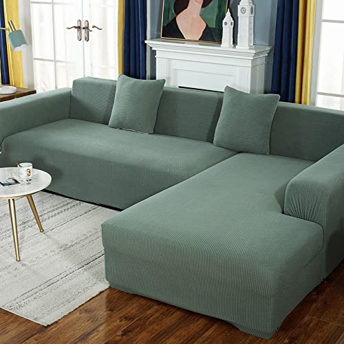 NICCEN 2 Stück Spandex rutschfest Sofabezug L Form Superstretch Couch überzug l Form Weichheit Sofa überzug l Form Ideal für Kinder und Haustiere -grün-1-2-Sitzer + 3-Sitzer von NICCEN