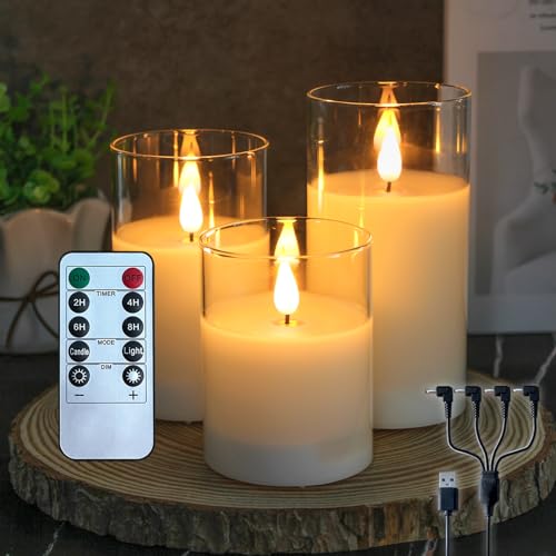 NICE POINT Wiederaufladbare LED Kerzen mit Fernbedienung [3er Pack],Elektrische kerzen,4-Stufen Dimmbar & Timer 2-8H,USB-C Ladung,für Deko Esstisch/Wohnzimmer/Weihnachten/Hochzeit von NICE POINT