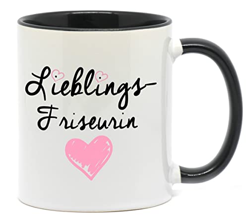 Tasse in hochwertiger Qualität, beidseitig bedruckt. Für die beste Lieblingsfriseurin in jedem Salon. Da freut sich jede Friseurin, Chefin, Kollegin oder Freundin bei der Arbeit drauf. (Schwarz-Rosa) von NICE-PRESENTS