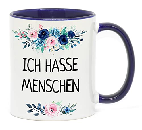 Tasse mit Spruch - ICH HASSE MENSCHEN - beidseitig bedruckt und ein Geschenk für viele Gelegenheiten. Spülmaschinenfest (Kobaltblau) von NICE-PRESENTS