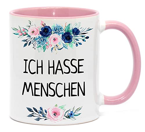 Tasse mit Spruch - ICH HASSE MENSCHEN - beidseitig bedruckt und ein Geschenk für viele Gelegenheiten. Spülmaschinenfest (Rosa) von NICE-PRESENTS