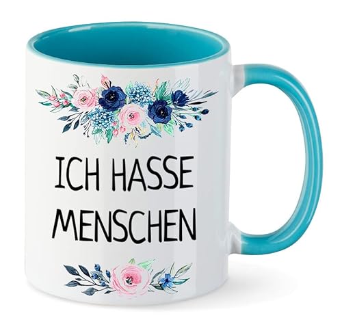 Tasse mit Spruch - ICH HASSE MENSCHEN - beidseitig bedruckt und ein Geschenk für viele Gelegenheiten. Spülmaschinenfest (Türkis) von NICE-PRESENTS