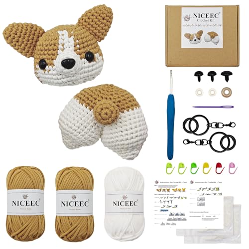 NICEEC Corgi Häkelset für Anfänger, Garnhäkeltier-Set für Starter-Kits, mit Schritt-für-Schritt-Video-Tutorials für Erwachsene und Kinder, Khaki von NICEEC