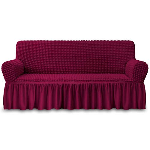 NICEEC Sofabezug rot Sofabezug 1 Stück einfach anzupassen Sofa Couch Abdeckung Universal High Stretch Durable Möbelschutz mit Rock Landhausstil (3-Sitzer Weinrot) von NICEEC