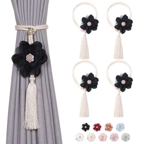 NICEEC Vorhang-Raffhalter mit niedlichen Blumen, handgefertigt, geflochtenes Seil, natürlicher rustikaler Stil, dekorative Vorhanghalter für Zuhause und Büro, Fenstervorhänge (schwarz), 4 Stück von NICEEC