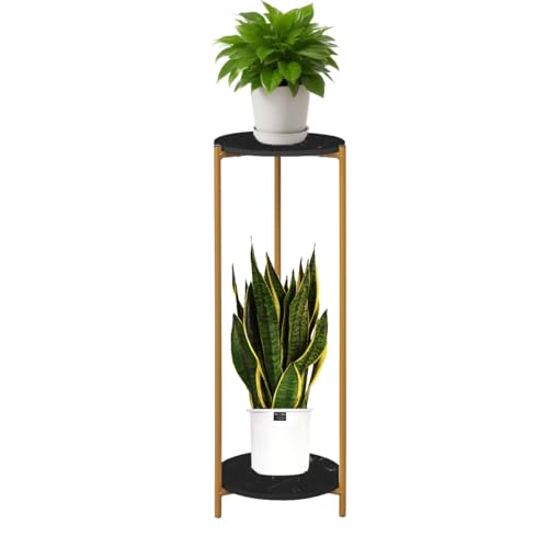 90 cm Pflanzenständer Pflanztisch für Balkon und Terrasse Schmaler Blumenständer Hocher Tisch für Wohnzimmer Beistelltisch für Sofa Eckregal für Blumentöpfe & Deko (Marble Schwarz, 2 Etagen, Rund) von NICEME