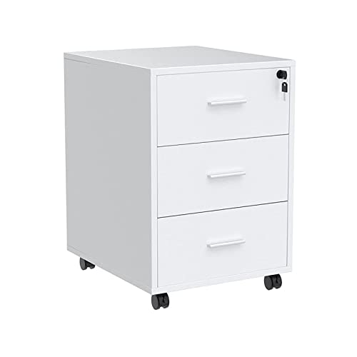 NICEME Bürocontainer mit 3 Schubladen, Rollcontainer unter Schreibtisch,Büroschrank für Dokumente, auch als Druckertisch, mobiler Aktenschrank aus MDF (Weiß, Abschließbar) von NICEME