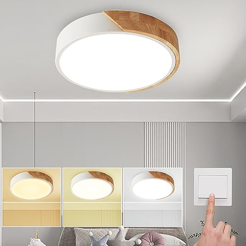 NICEME Deckenlampe,24w Dimmbare Led Deckenleuchte Holz, WäHlbar 3000k/4500k/6500k üBer Wandschalter,12 Zoll Moderne Deckenleuchte FüR Schlafzimmer Flur Balkon,Weiß von NICEME