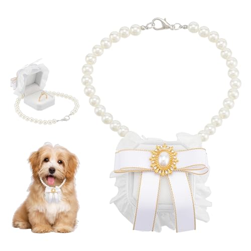 NICENEEDED Hundehalsband Mit Perlen Für Hochzeiten Ringträgerbeutel Aus Weißem Samt Mit Ringbox Ringhalter Für Paare Mit Haustierhalsband von NICENEEDED